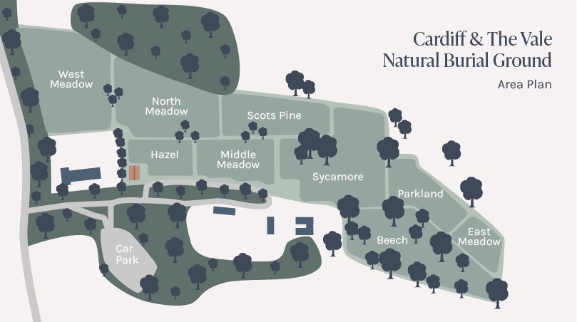 A map detailing the different areas of the burial ground. With the West Meadow area on the left hand side, next to North Meadow. As you move right across the image, Hazel area in nearest the entrance and memorial shelter. This is left of Middle Meadow, which leads to Scots Pine and Sycamore. On the right hand side of the map are Parkland, Beech and East Meadow.
