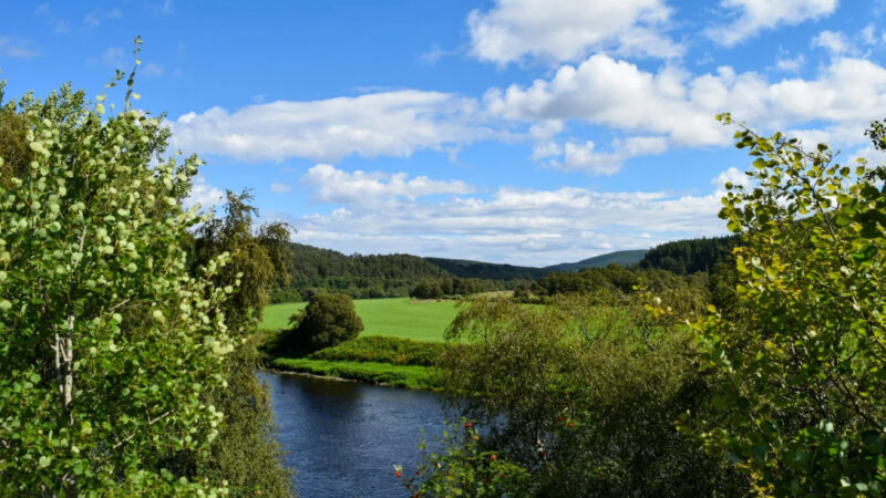 A scenic landscape featuring a river surrounded by lush green trees and fields, under a bright blue sky with scattered white clouds and distant rolling hills near Delliefure natural burial ground Cairngorms.