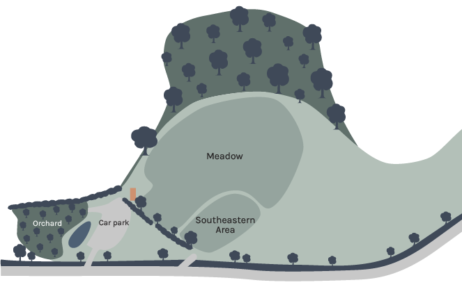 Map of Bath burial ground, showing the two different areas within the burial ground, the meadow and southeastern area.