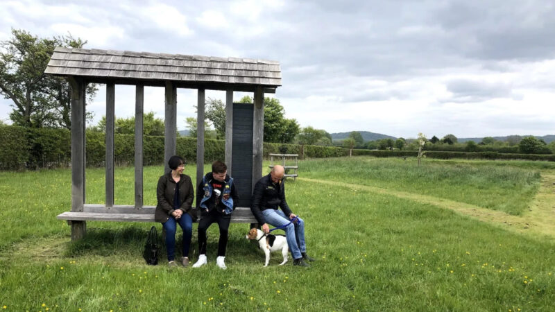 Three people sit on a wooden bench in a grassy field at Aylesbury Vale natural burial memorials with a dog; two check their mobiles while the third strokes the dog. Trees, hedges, and rolling hills stretch beneath a cloudy sky in the background.