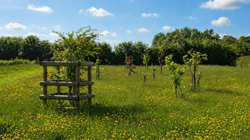 A grassy field in Aylesbury Vale with scattered young trees, some protected by wooden frames, is dotted with yellow wildflowers under a blue sky and bordered by dense green trees—a serene setting for natural burial memorials.