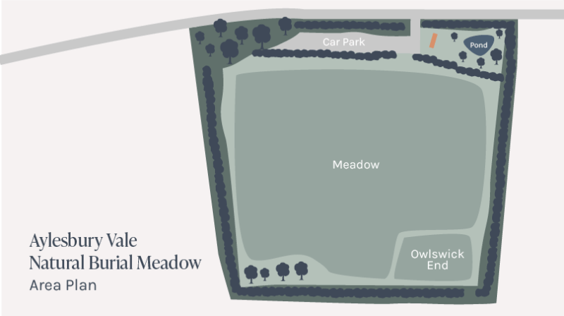 Map of Aylesbury Vale natural burial meadow, with Owlswick End in the bottom right corner and the meadow area covering the rest of the field.